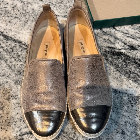 Paul Green Shoes - Paul Green Two-Tone Metallic Gray Slip-On Loafers with Black Cap Toe